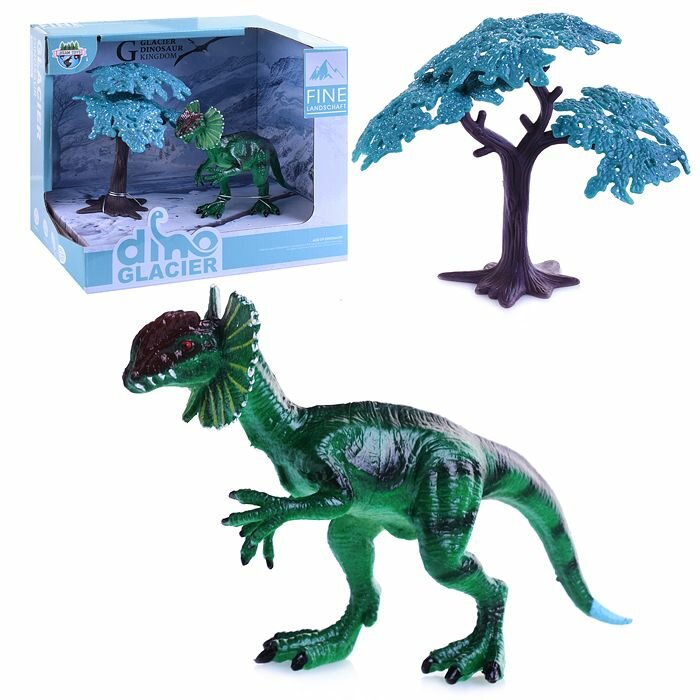Набор фигурок Oubaoloon "Dino Glacier", Дилофозавр, с деревом, в коробке (JS11-18A)