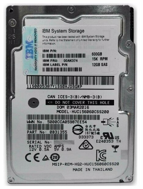 00AK374 - Жесткий диск Lenovo 600GB 15K 2.5" HDD 600GB SAS internal hard drive