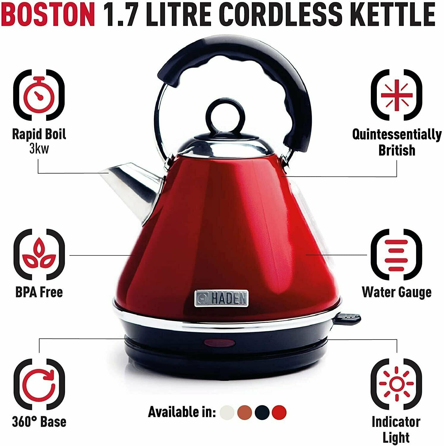 Чайник Haden SF017, красный (Haden Boston Cordless Kettle - Electric Pyramid Fast Boil Kettle, 3000W, 1.7 Litre, Metallic Red - SF017) - фотография № 2
