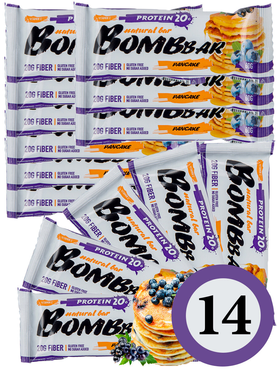 Протеиновый батончик Bombbar Protein Bar 14 x 60 г, Смородиново-черничный панкейк