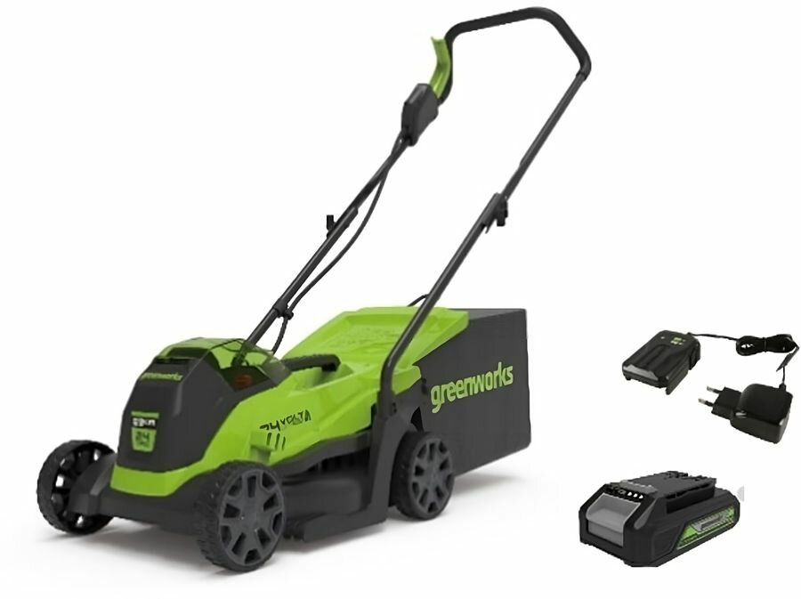 фото Газонокосилка аккумуляторная GREENWORKS GD24LM33K4, 33см, несамоходная, 4Ач, с ЗУ [2516107ub]