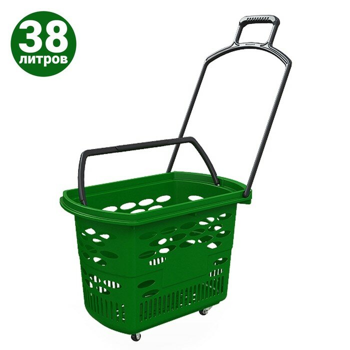 фото Корзина-тележка на 4 колесах пластиковая, 38 л, с 2 пластиковыми ручками, цвет зелёный