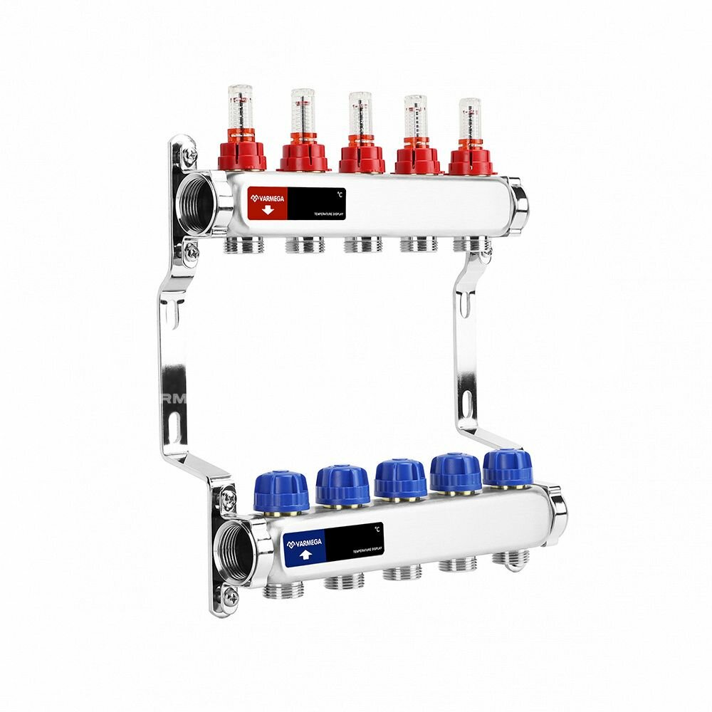 Коллекторная группа для теплого пола Varmega на 5 контуров, ВР 1", отводы 3/4"EK, нержавеющая сталь, с расходомерами и регулирующими клапанами