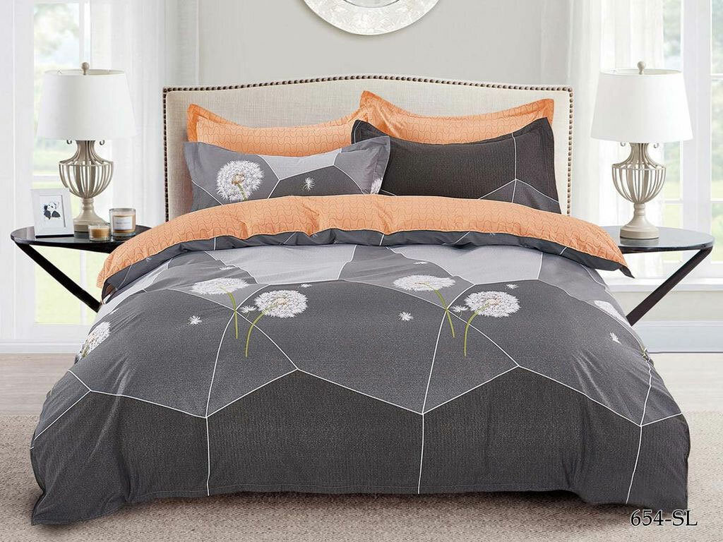 Комплект постельного белья из сатина 654-SL Cleo (серый-оранжевый) 15 спальный (наволочки 70x70)