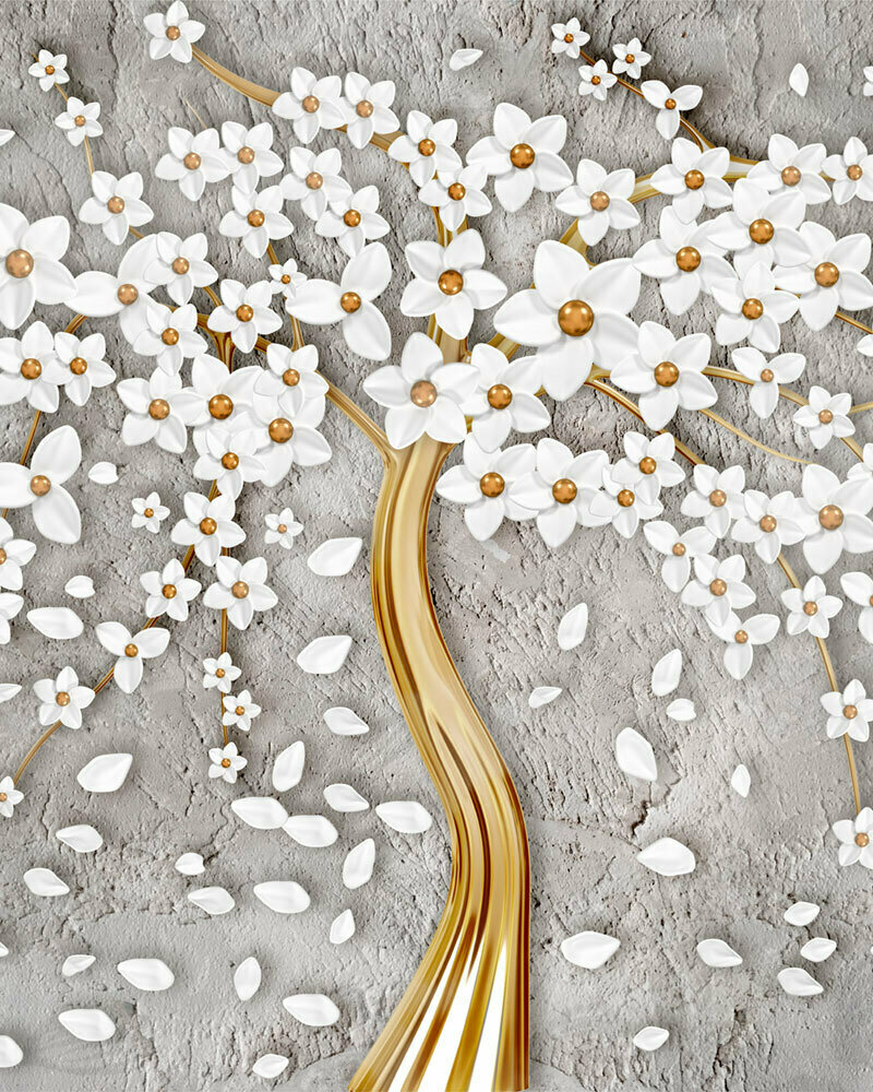 Моющиеся виниловые фотообои GrandPiK Цветущее золотое дерево 3D 200х250 см
