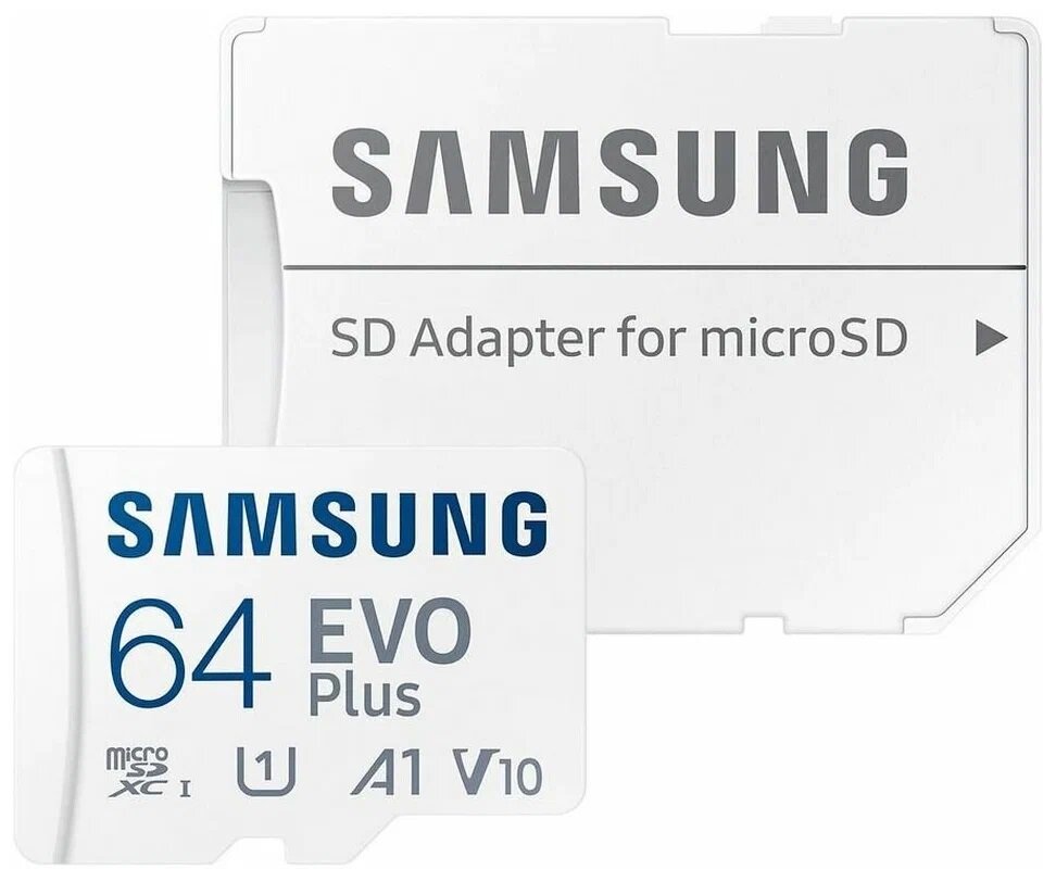 Карта памяти microSDHC Samsung EVO Plus Class10 UHS-I, 64 ГБ, с адаптером, белый (RU)