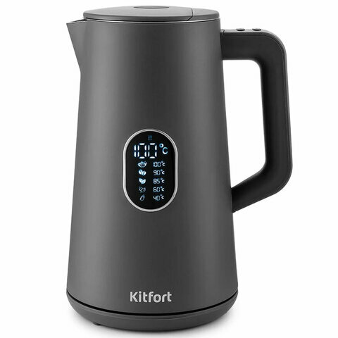 Чайник KITFORT КТ-6115-2, 1.5 л, 1800 Вт, закрытый нагревательный элемент, терморегулятор, двойные стенки, серый