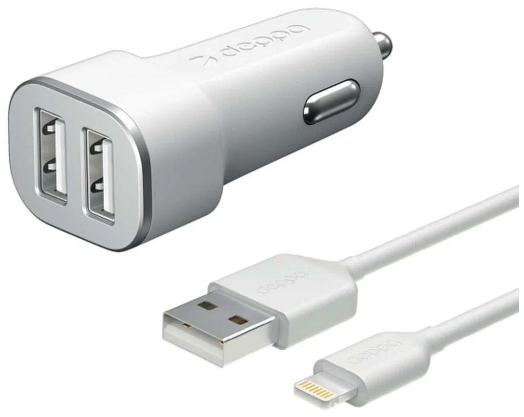 Автомобильное зарядное устройство Deppa 2 USB + дата-кабель 8-pin для Apple (MFI), белый (RU)