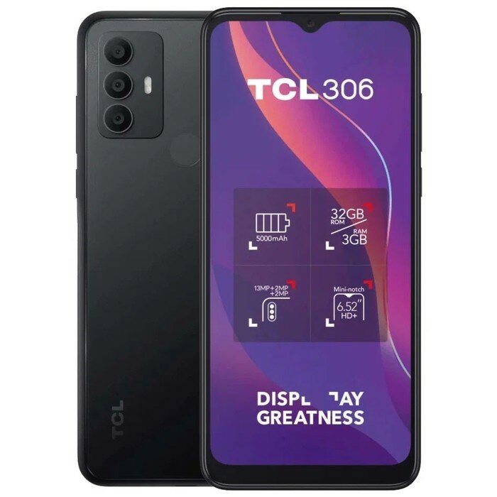 Смартфон TCL 306, 6.52", 3 Гб, 32 Гб, 13 Мп, 5 Мп, 2 Sim, LTE, 5000 мАч, серый