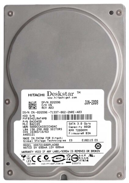 Б/у Винчестер SATA 80Gb Hitachi Deskstar HDS721680PLA380