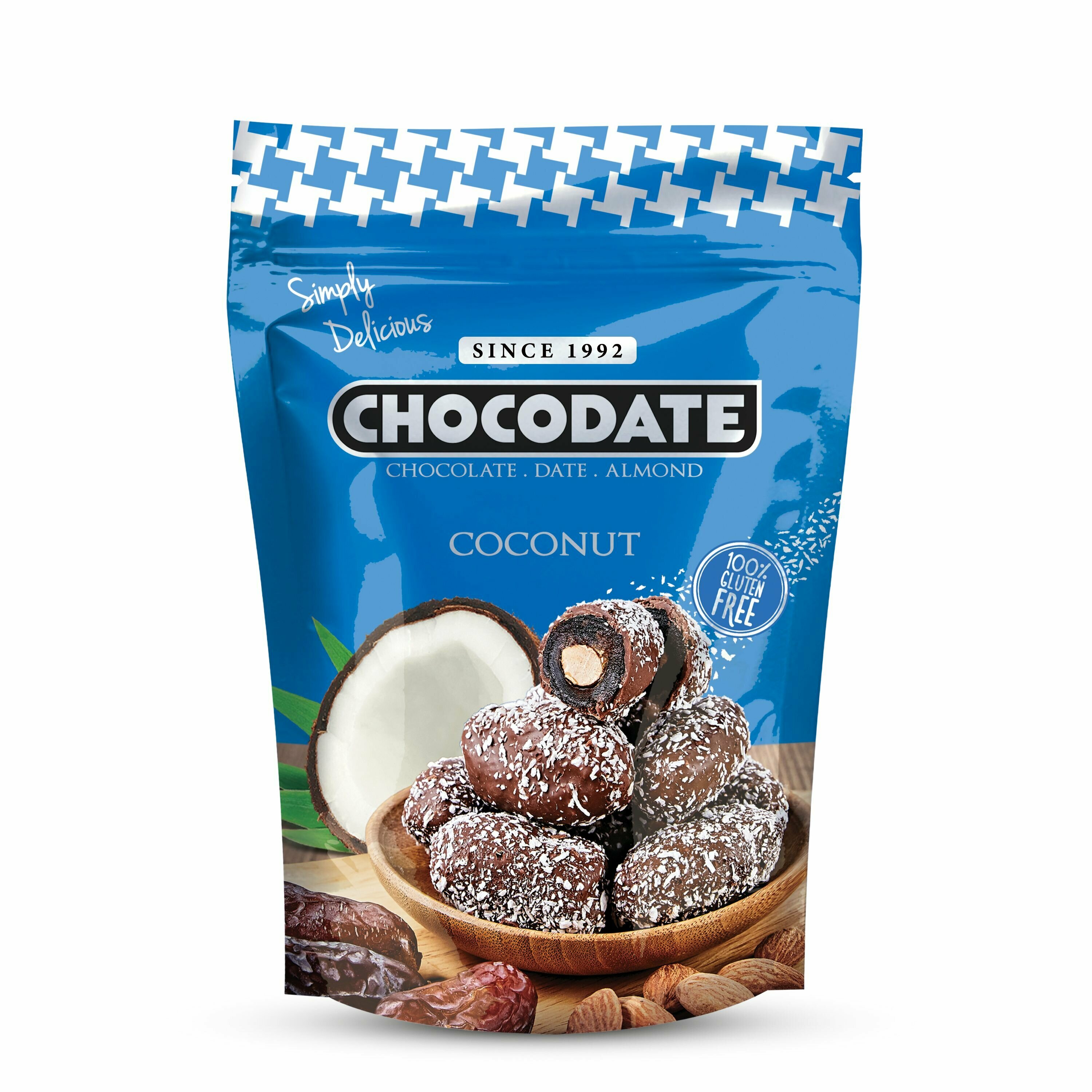 Конфеты CHOCODATE финики с миндалем в бельгийском молочном шоколаде с кокосом нетто 250 г - фотография № 1