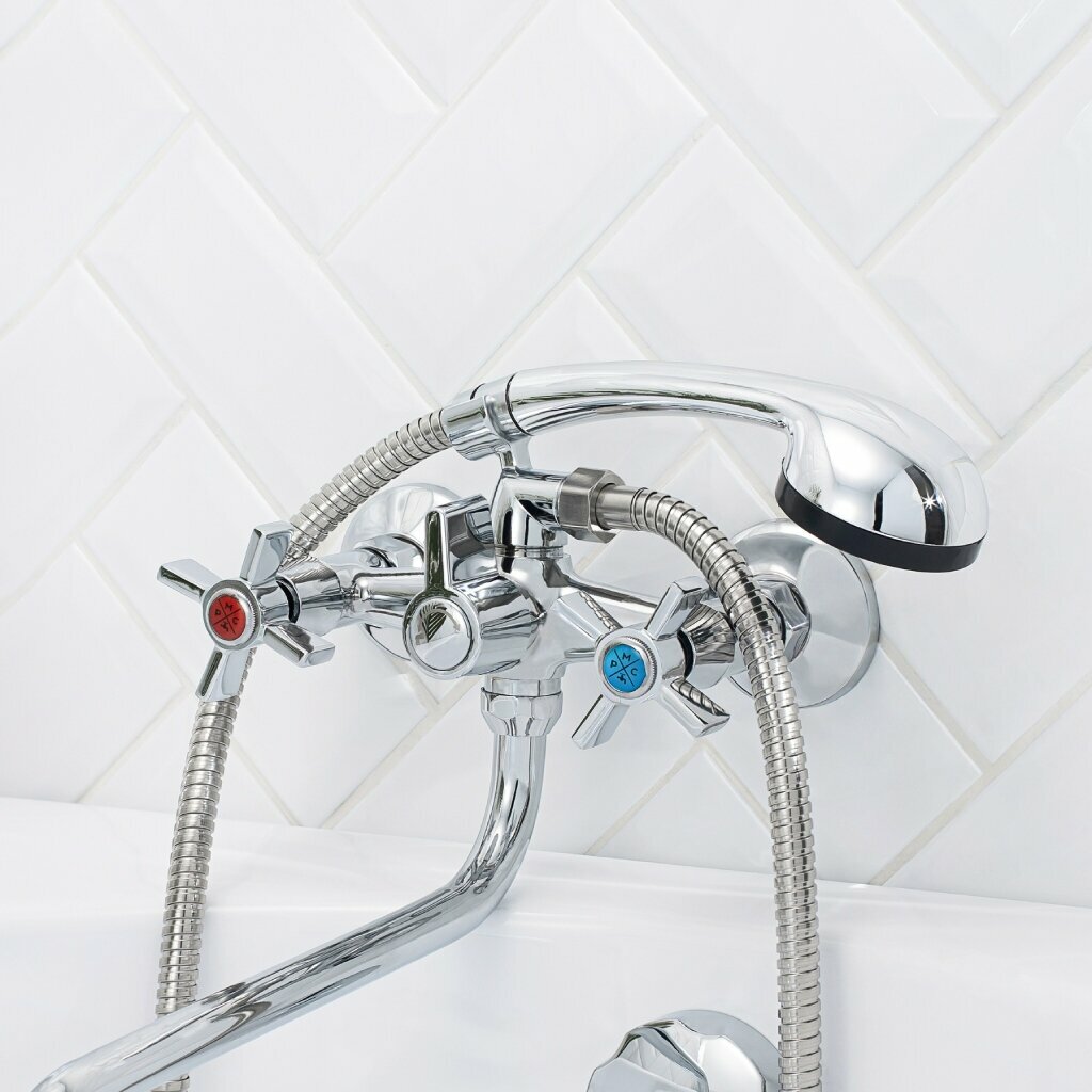 Смеситель для ванны, РМС, с кран-буксой, шлангом и лейкой, хром, SL118-140 - фотография № 1