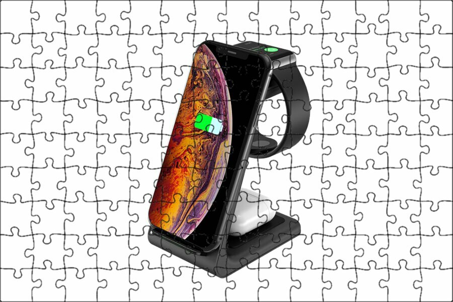 Магнитный пазл "Беспроводное зарядное устройство, смартфон, умные часы" на холодильник 27 x 18 см.
