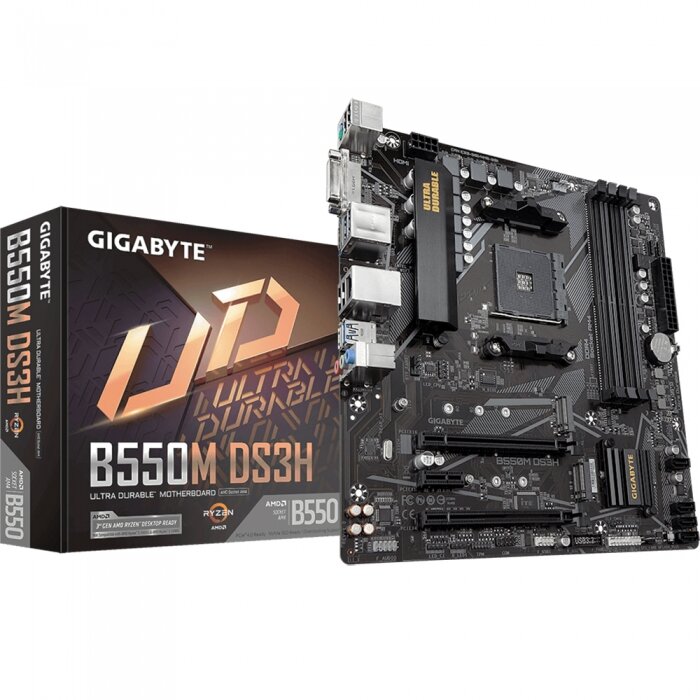 B550M DS3H, Socket AM4, AMD B550, 4xDDR4-3200, DVI-D+HDMI, 2xPCI-Ex16, 1xPCI-Ex1, 4xSATA3(RAID 0/1/10), 2xM.2, 8 Ch Audio, GLan,