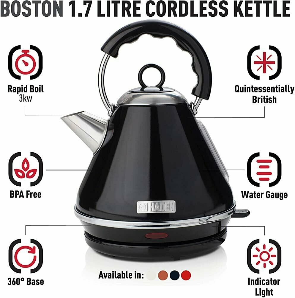 Чайник Haden CE17, черный (Haden Boston Cordless Kettle - Electric Pyramid Fast Boil Kettle, 3000W, 1.7 Litre, Black - CE17) - фотография № 2