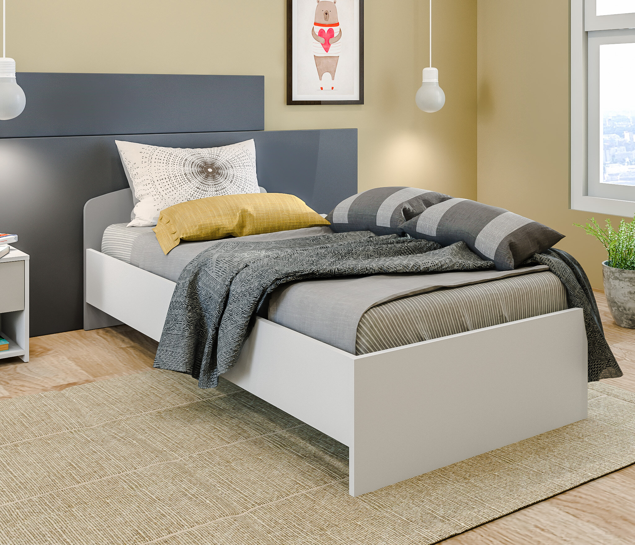 Односпальная кровать столплит Mika СБ-3286 без основанием, без матраса, Белый/Серый 205х65х99 см