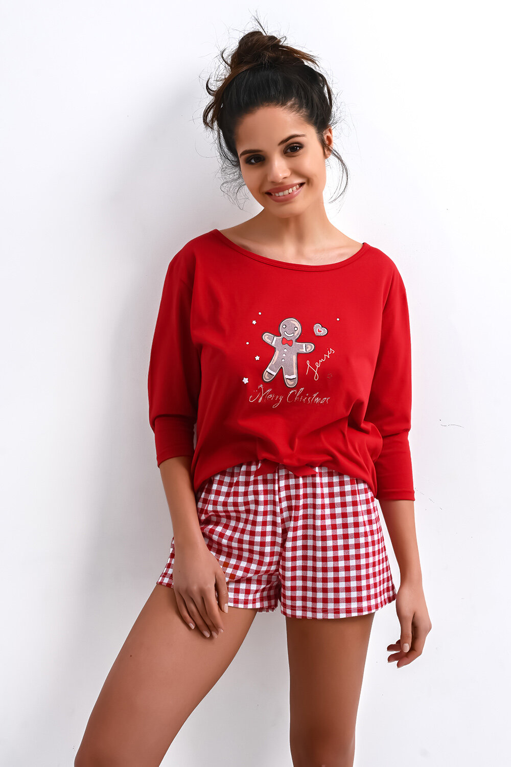 Пижама женская SENSIS Hazel, лонгслив и шорты, красный (Размер: M) - фотография № 1