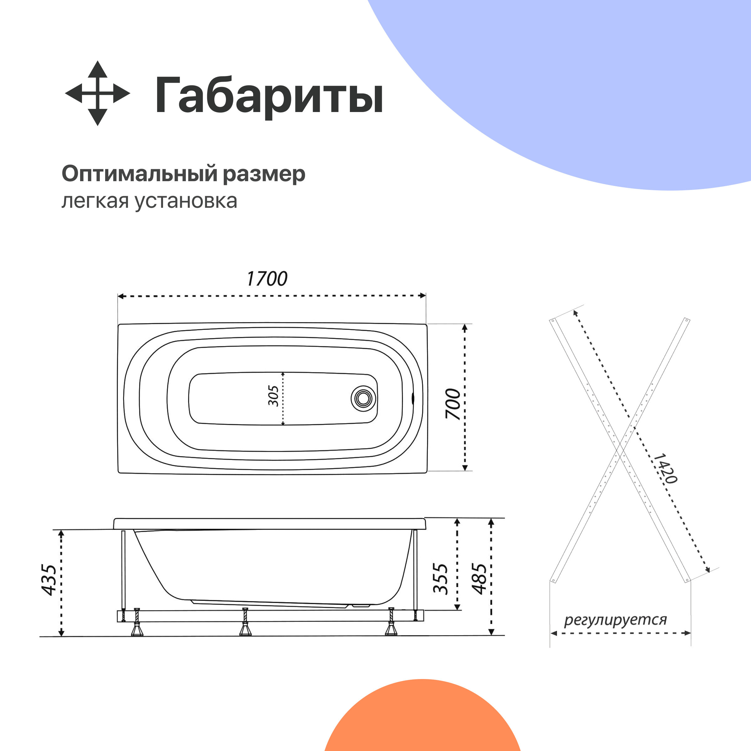 Акриловая ванна DIWO Анапа 170x70 с каркасом - фотография № 6