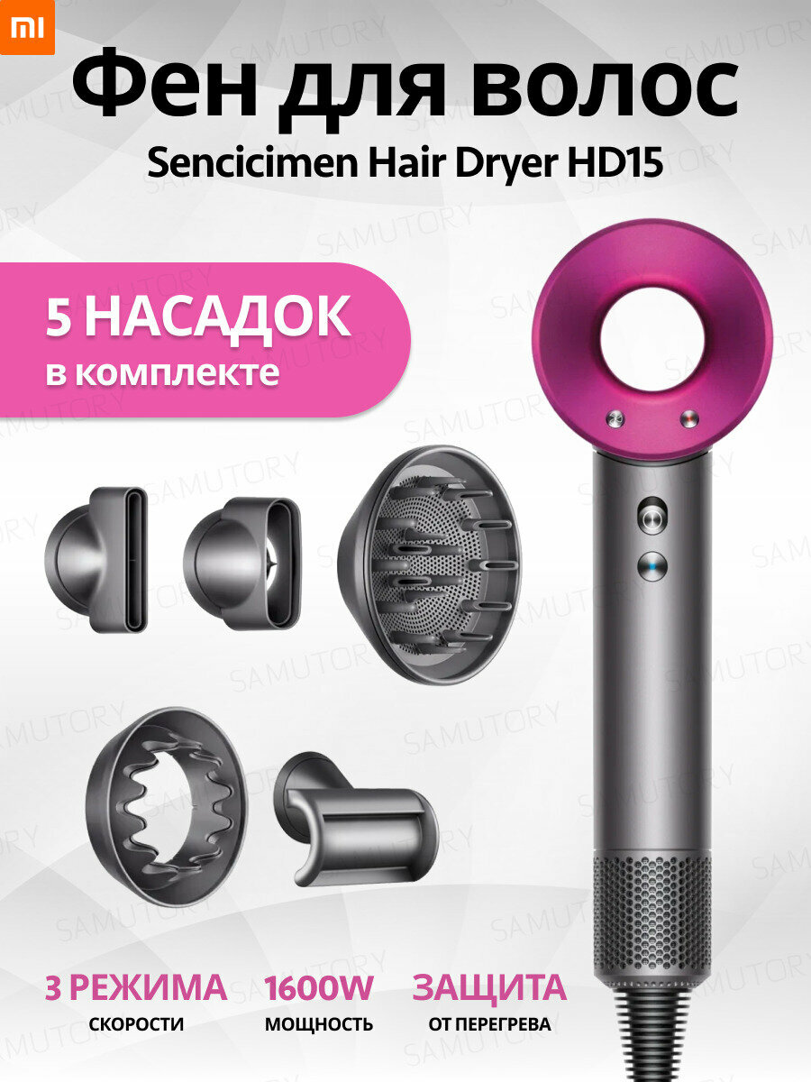 Профессиональный Фен для волос с насадками Xiaomi Sencicimen Hair Dryer HD15 Pink - фотография № 1