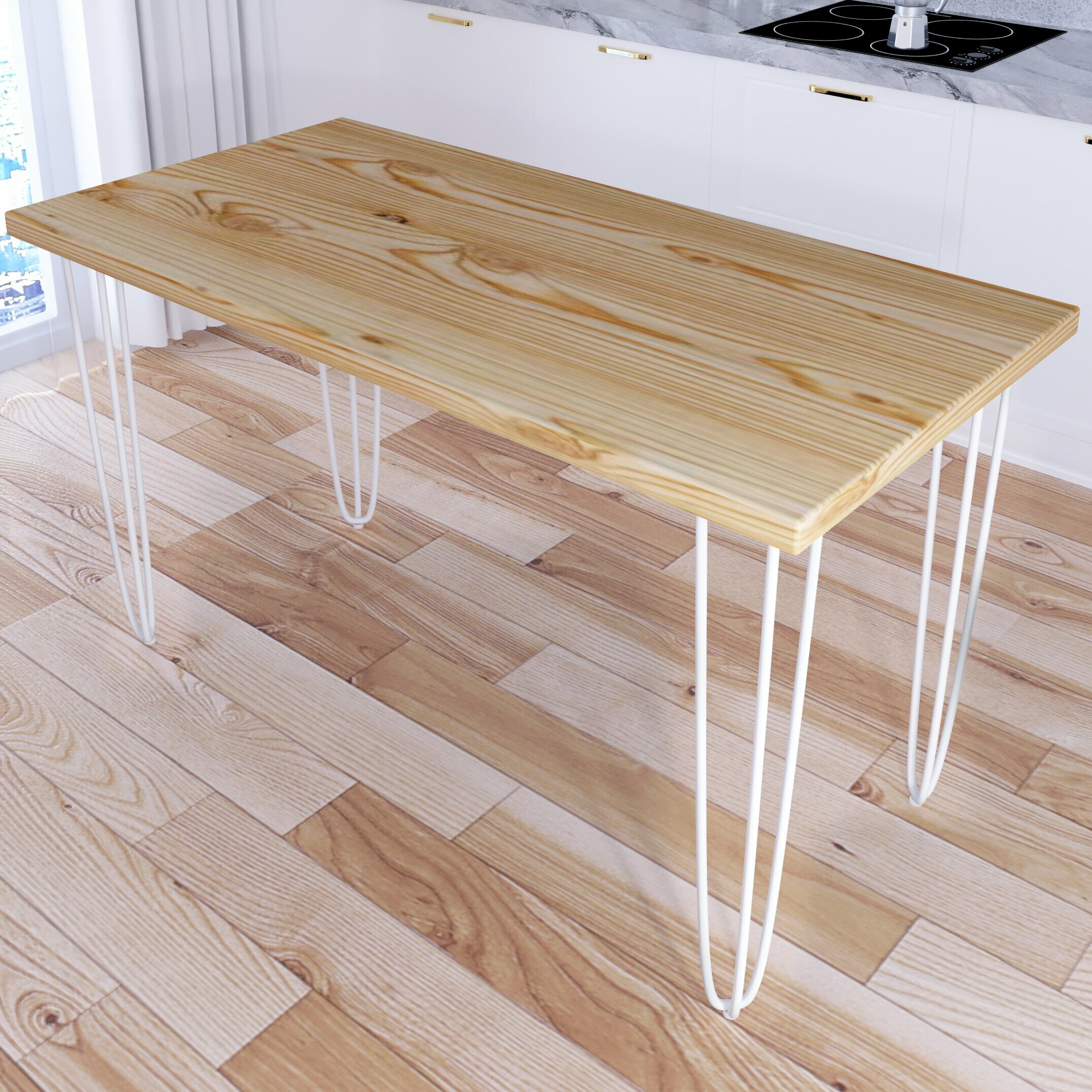 Стол кухонный Loft со столешницей без покрытия из массива сосны 40 мм и белыми металлическими ножками-шпильками, 140х70х75 см