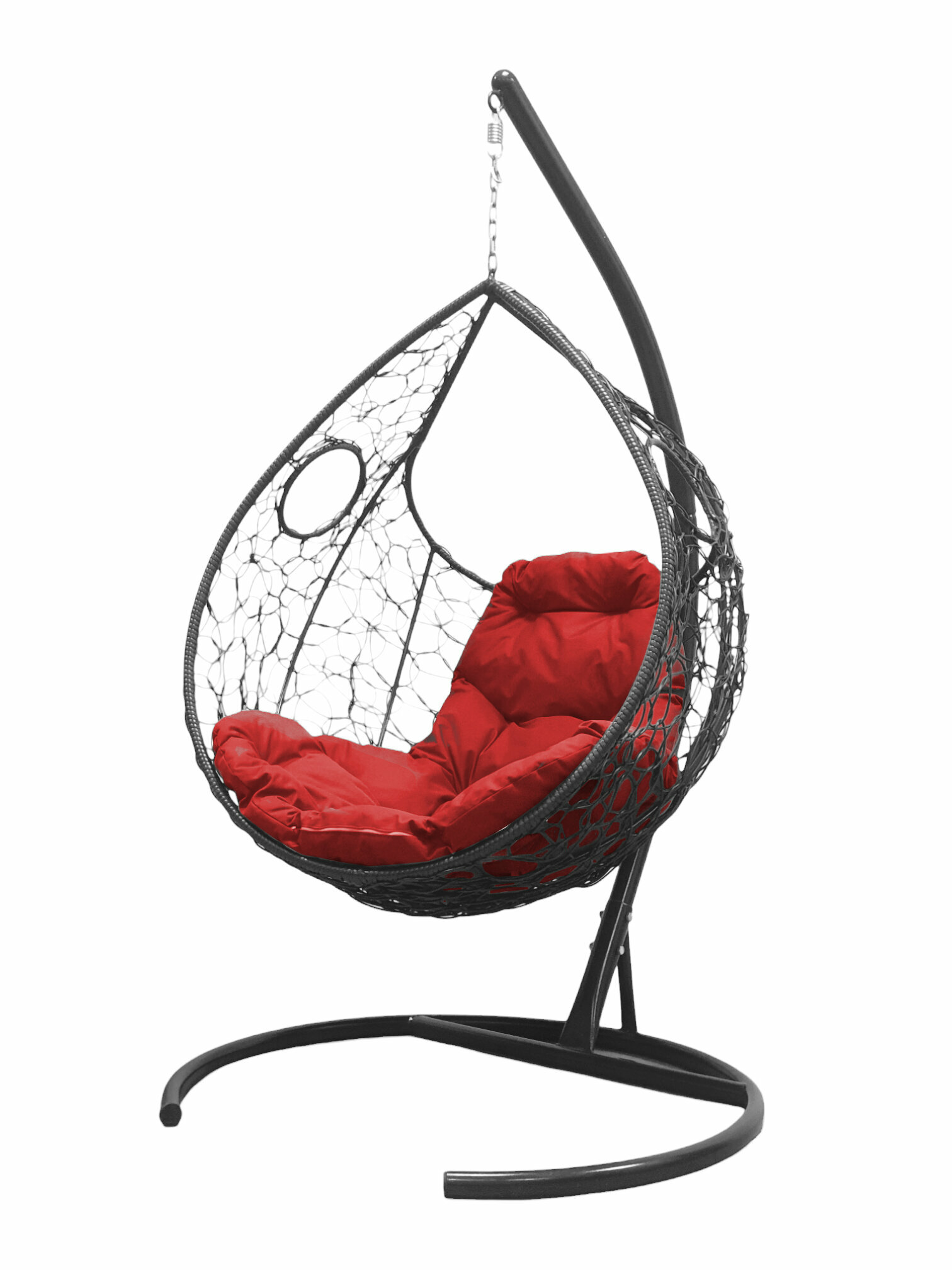 Подвесное кресло ротанг серое, красная подушка - фотография № 1