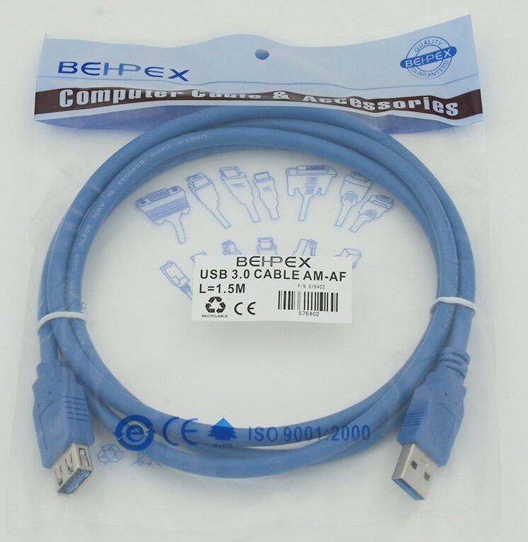 фото Кабель USB A(m) USB A(f) Behpex 1.5м синий