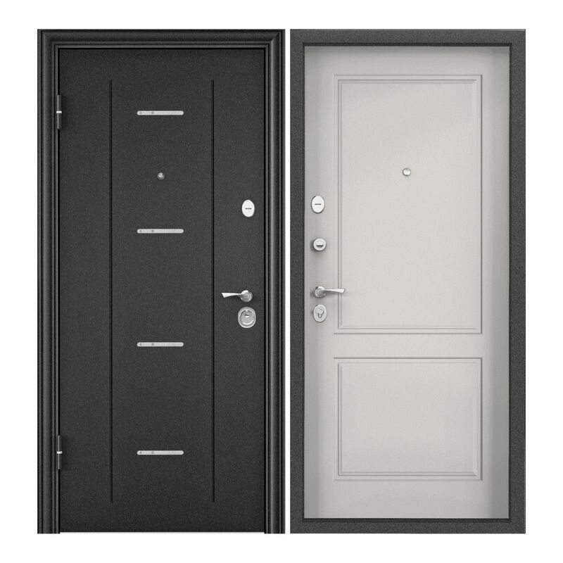 Дверь входная для квартиры Torex Flat M 950х2050 левый, тепло-шумоизоляция, антикоррозийная защита, замки 4-го и 2-го класса защиты, темно-серый/белый - фотография № 1