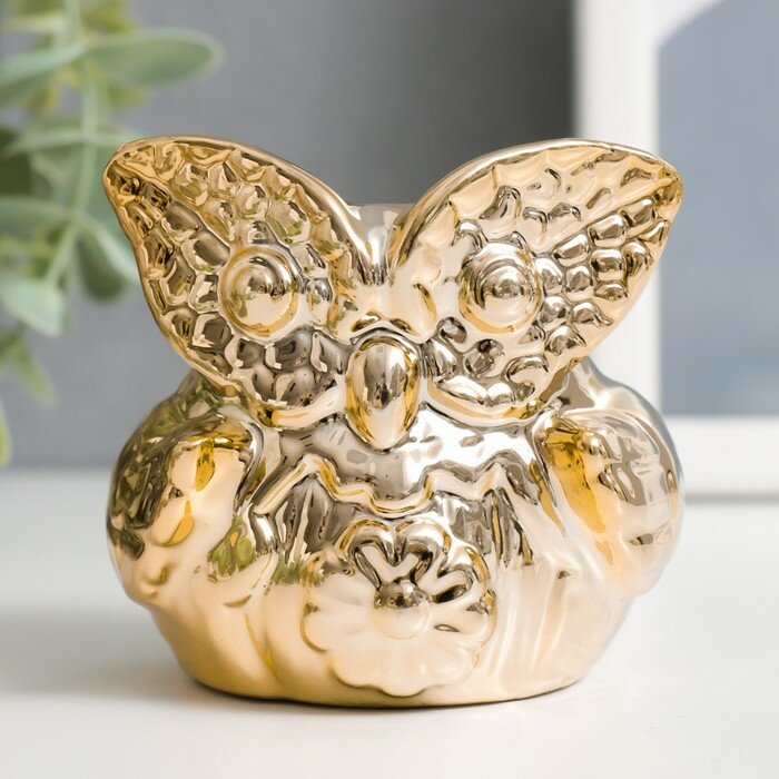 Подсвечник керамика на 1 свечу "Совёнок с ромашкой" золото 7х7х6,5 см - фотография № 1