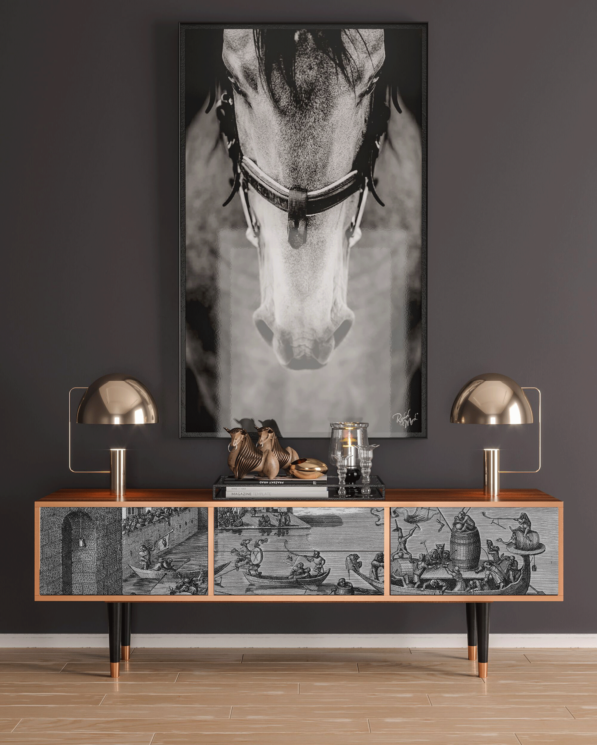 ТВ-Тумба - STORYZ - T4 Saint Martin With His Horse in a Ship by Pieter Breugel, 170 x 59 x 48 см, Орех - фотография № 1