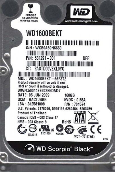 Жесткий диск Western Digital WD1600BEKT 160Gb 7200 SATAII 25" HDD