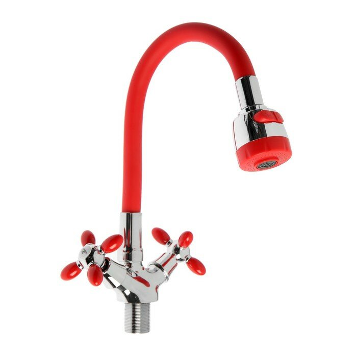 фото Смеситель для кухни ZEIN ZC2026, гибкий силикон излив, кран-букса латунь 1/2", красный/хром (1шт.)