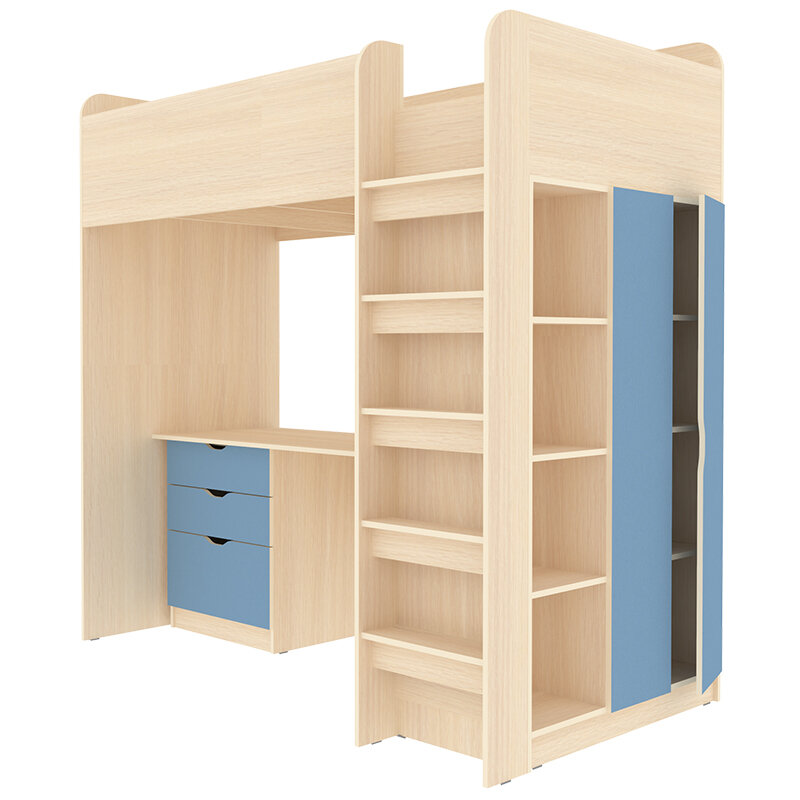 фото Кровать-чердак Polini Simple с письменным столом и шкафом Дуб Молочный Светло Синий/Голубой