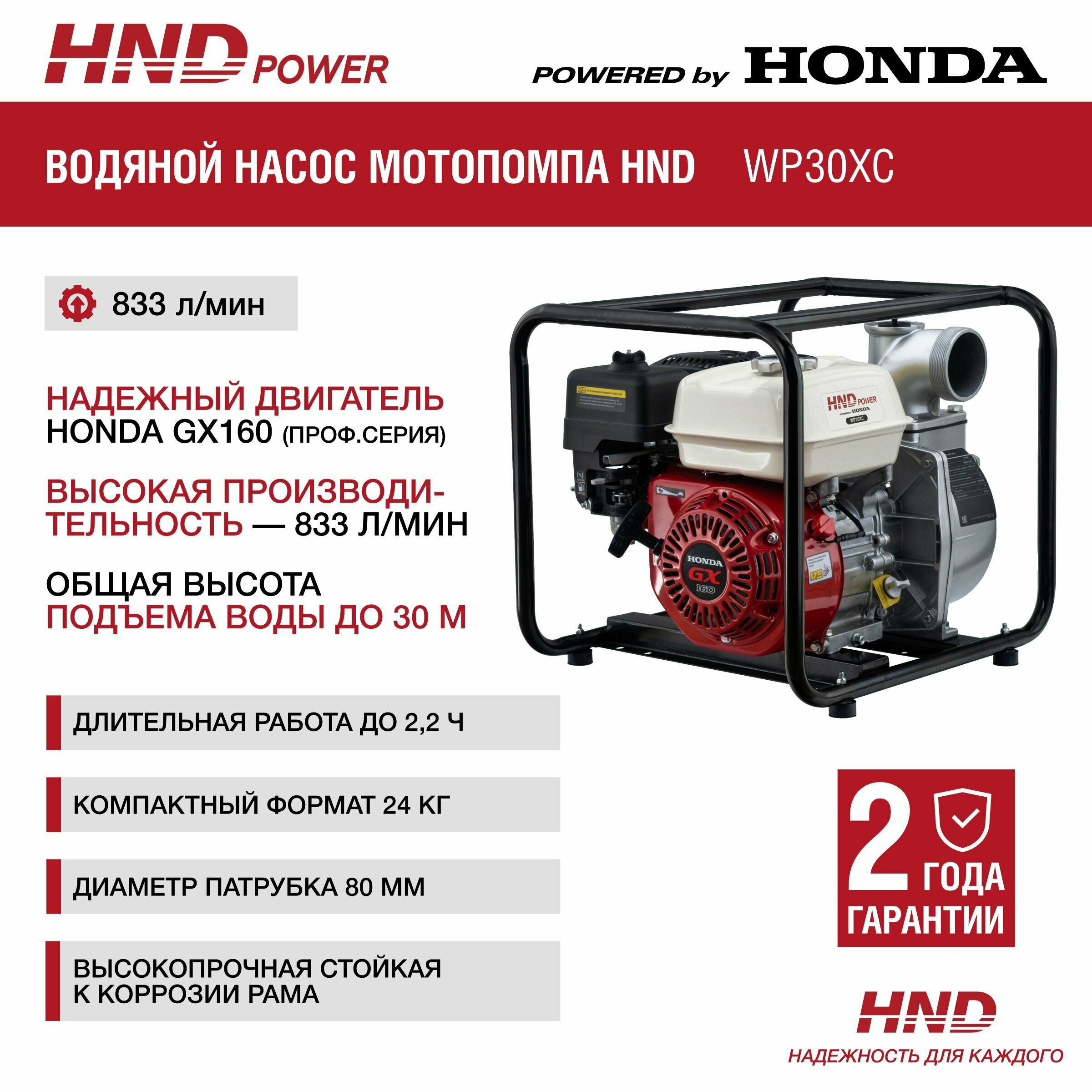 Водяной насос мотопомпа бензиновая HND WP30XC c двигателем Honda - фотография № 2