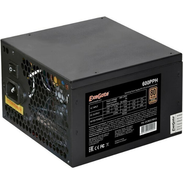 Блок питания 600W ExeGate 80 PLUS® Bronze 600PPH-S-OEM (ATX, APFC, КПД 85% (80 PLUS Bronze)SC, 12cm fan, 24pin, (4+4)pin, PCIe, 5xSATA, 3xIDE, black,