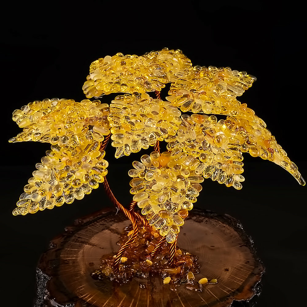 Сувенирное денежное дерево с листьями из натурального лимонного янтаря - фотография № 2