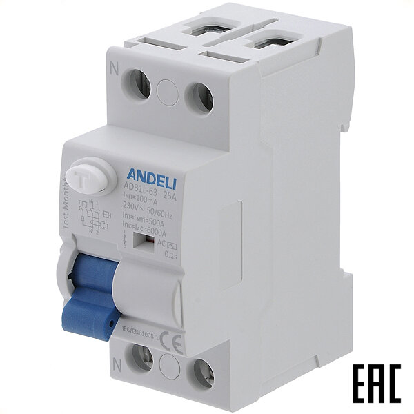 фото Устройство защитного отключения ANDELI ADB1L-63 тип АС 25А-100мА 230В 2P 6кА ADL03-007