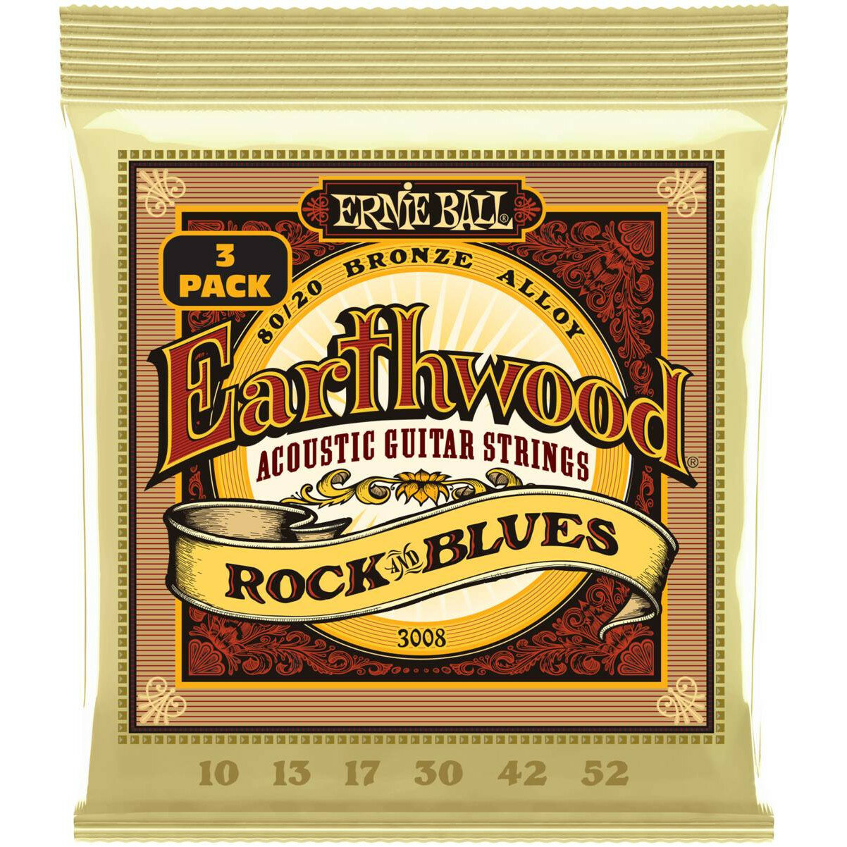  ERNIE BALL 3008 Earthwood 80/20 Bronze Rock&Blues 3 Pack 10-52   