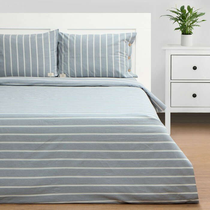 КПБ Этель евро Blue stripe 200*220см,220*240см,50*70-2шт,100%жатый хлопок,140гр/м2 - фотография № 1