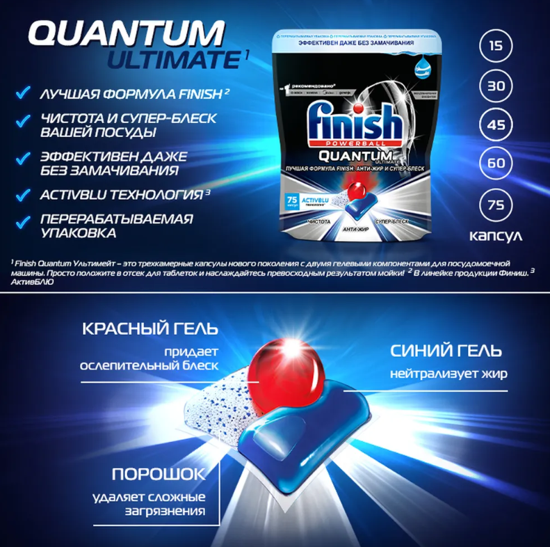 Капсулы для мытья посуды Finish Quantum Ultimate 45 шт, для посудомоечных машин - фотография № 4