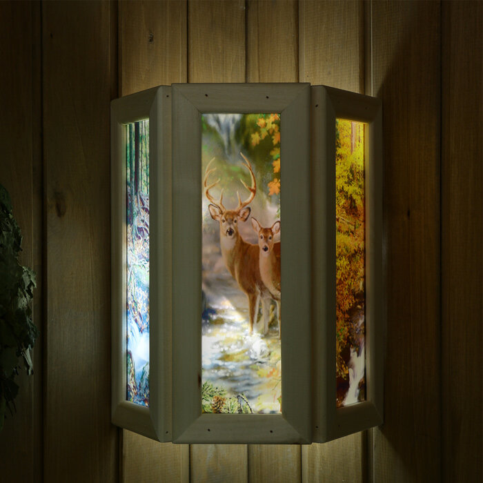 Абажур деревянный "Олени" со вставками из стекла с УФ печатью, 33х29х16см - фотография № 1