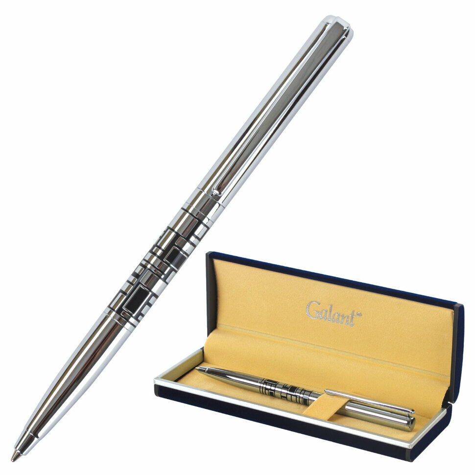Ручка подарочная шариковая GALANT "Basel", корпус серебристый с черным, хромированные детали, пишущий узел 0,7 мм, синяя, 141665, 141665