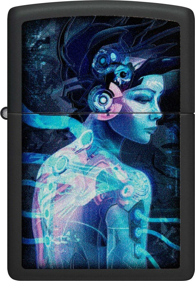 Зажигалка ZIPPO Cyborg Woman с покрытием Black Light, латунь/сталь, черная, матовая 38x13x57 мм - фотография № 2