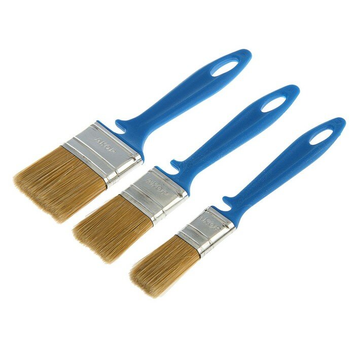 фото Набор кистей "акор", натуральная щетина, пластиковая рукоятка, 25, 35, 50 мм, 3 шт.