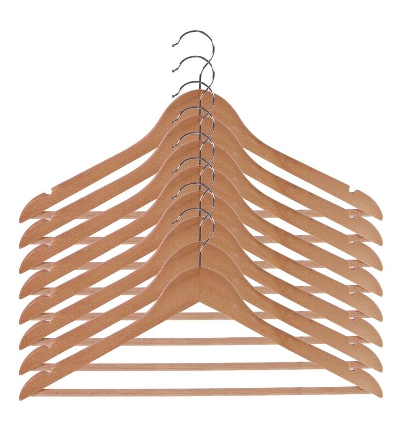 фото Плечики для одежды из дерева и металла, 8 штук, размеры 445х230х12 мм, натуральный цвет