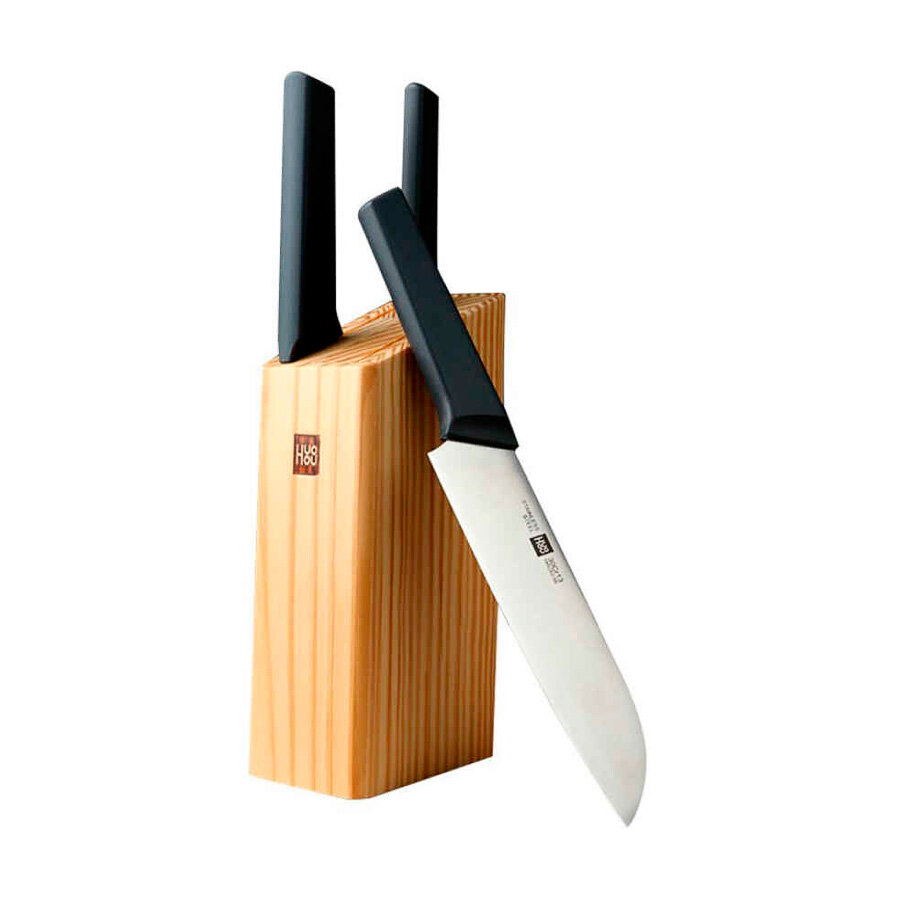 Набор стальных ножей HuoHou 4-Piece Kitchen Knife Set Lite (HU0059) (3 ножа + подставка из сосны) (Black) RU