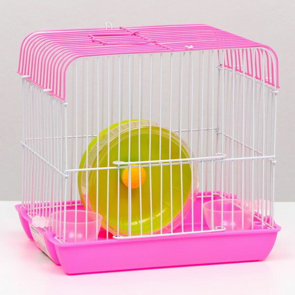 Клетка для грызунов с колесом и поилками, 22 x 16 x 20 см, розовая - фотография № 1