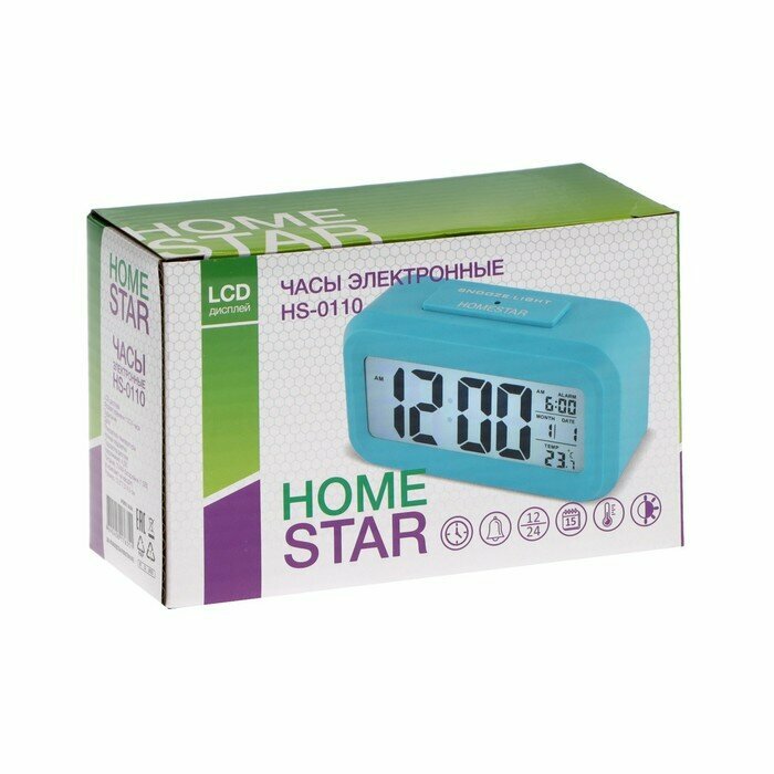 Часы HOMESTAR HS-0110, будильник, температура, подсветка, 3хААА, синие - фотография № 7