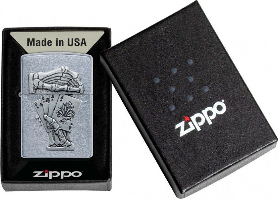 Зажигалка ZIPPO Dead Mans Hand с покрытием Street Chrome, латунь/сталь, серебристая, 38x13x57 мм - фотография № 4