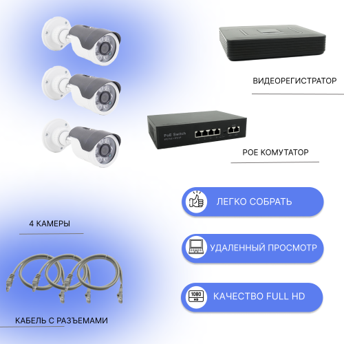 Комплект IP видеонаблюдения c 3 антивандальными камерами