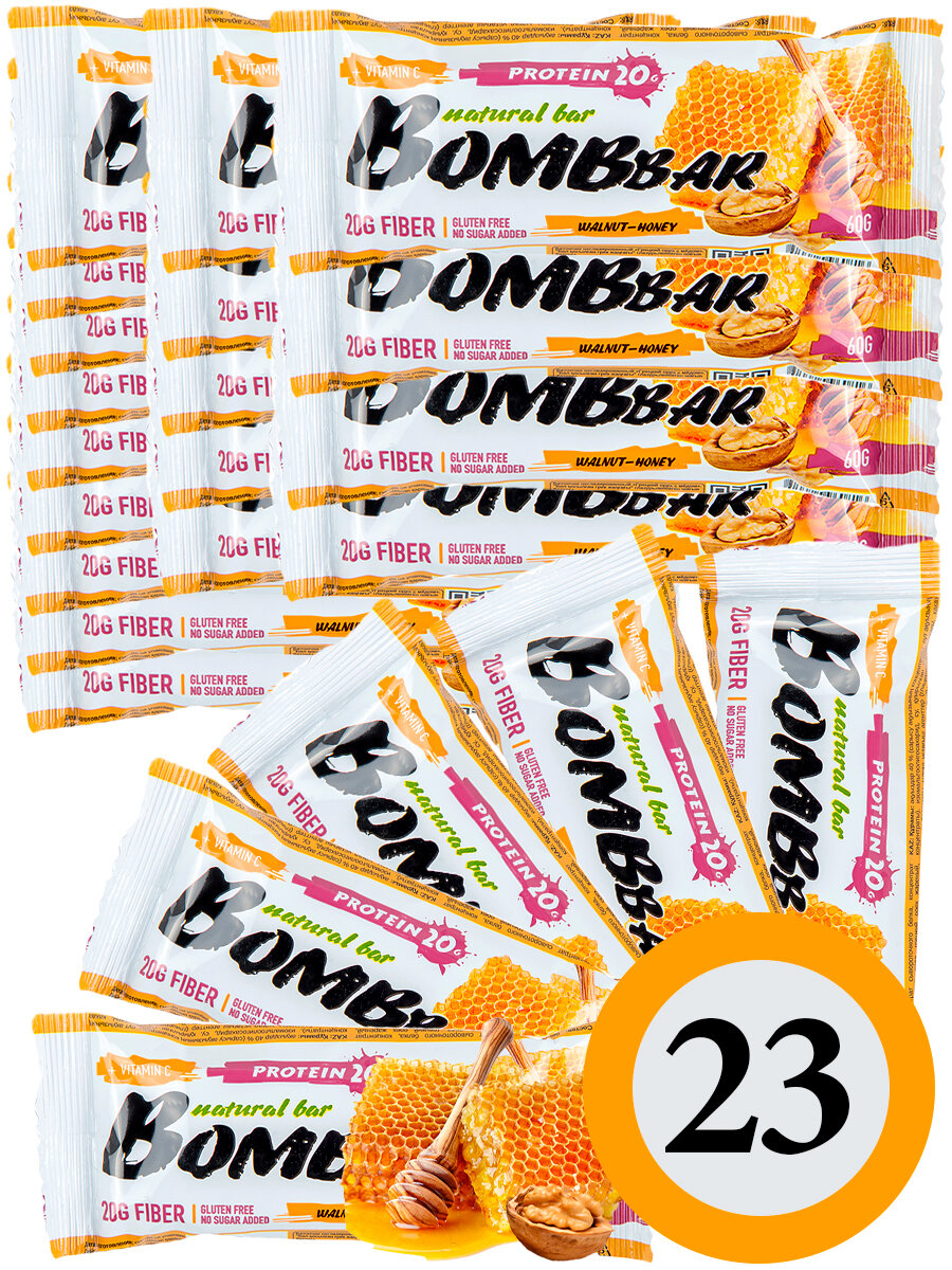 Протеиновый батончик Bombbar Protein Bar 23 x 60 г, Грецкий орех с медом